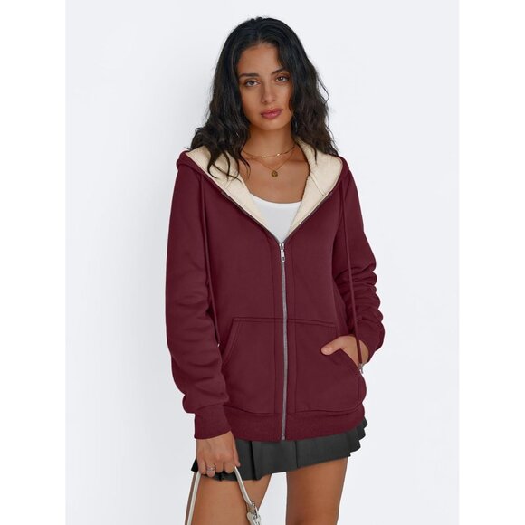 Womens Red Fleece Lined Zip Up Hoodie Jacket Winter Sweatshirt Fall Coat - Picture 2 of 5